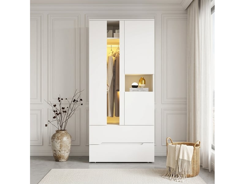  Armoire tcqpz 3 portes 90 x 50 x 200 cm avec led, 2 tiroirs, 6 niches et penderie, blanche  - Conforama E