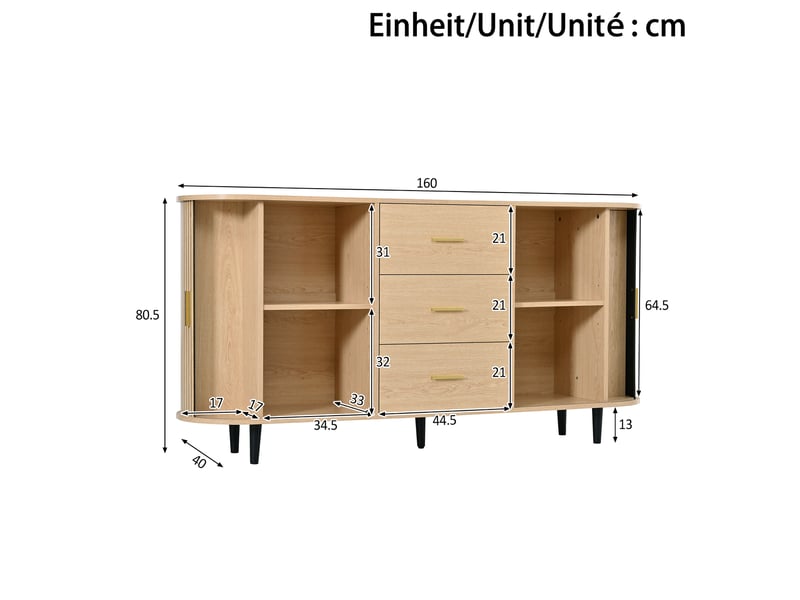  Buffet arrondi 160 cm décor bois naturel, 2 portes coulissantes, 3 tiroirs, étagères réglables et pieds en fer  - Conforama C