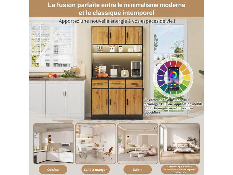 Buffet de cuisine avec éclairage led multicolore contrôlé par application, 100 x 40 x 180, noir et bois naturel - Conforama C