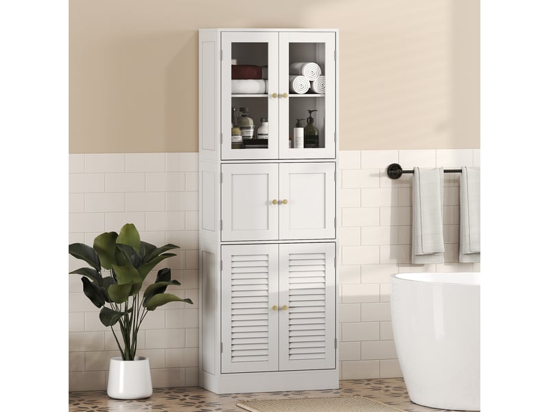  Colonne de salle de bain étroite avec portes vitrées à persiennes et étagères réglables, 60 x 30 x 170 cm, blanche  - Conforama D