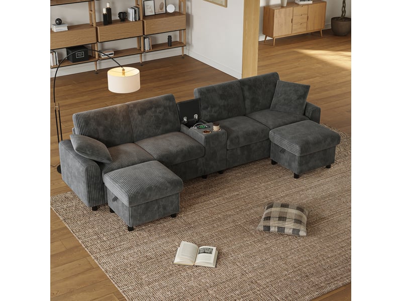  Canapé en u modenvie 4 places en velours côtelé gris avec 2 poufs de rangement et table centrale 315 x 135 x 81 cm  - Conforama E
