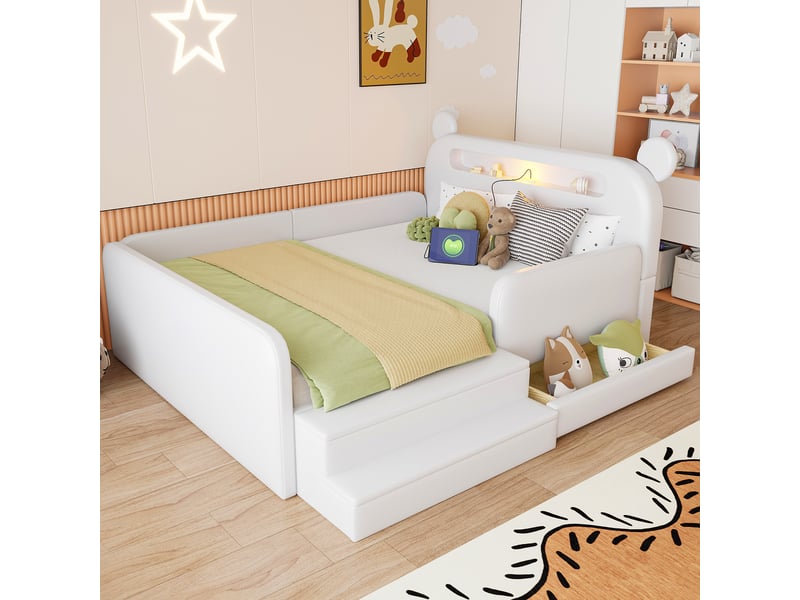Lit enfant 140x200 cm blanc en similicuir avec tête de lit ours, veilleuse, usb et rangement - Conforama W