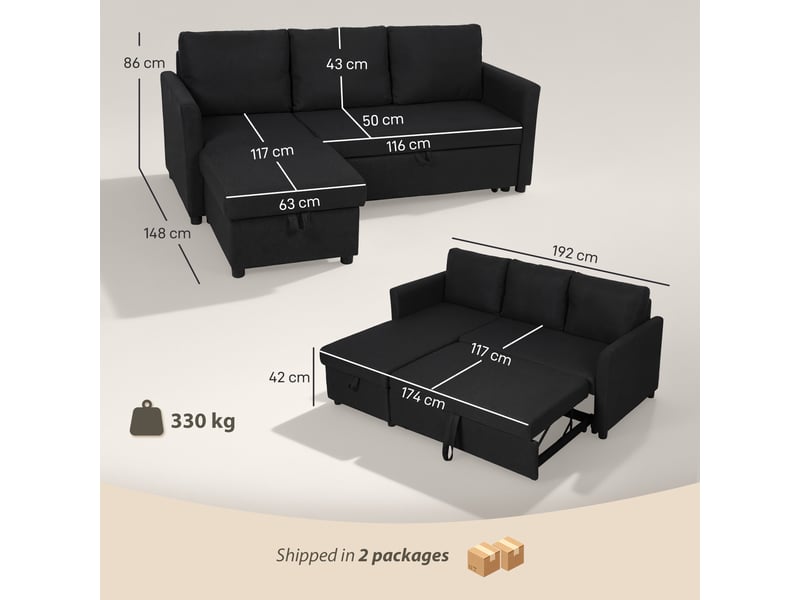 Canapé d'angle convertible, canapé-lit 3 places 192 cm avec méridienne réversible, gris anthracite, rangement caché - Conforama C