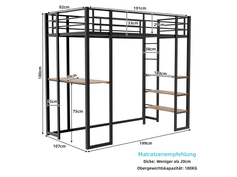 Lit mezzanine 90x200 cm - lit mezzanine enfant metal avec bureau en l et échelle réversible, noir, sans matelas - Conforama E