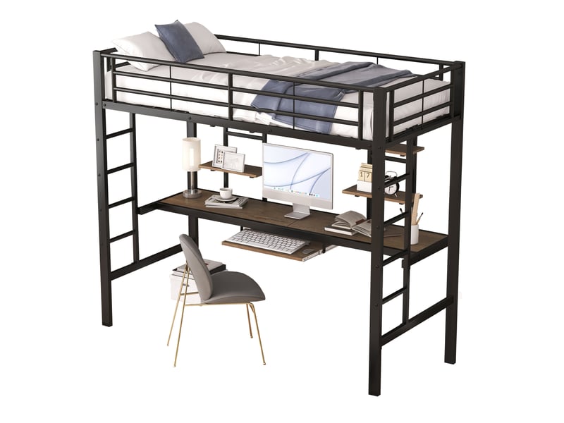 Lit mezzanine 90x200 cm, bureau 194x40 cm, 2 bibliothèques, tablette clavier, métal et mdf, noir sans matelas - Conforama A