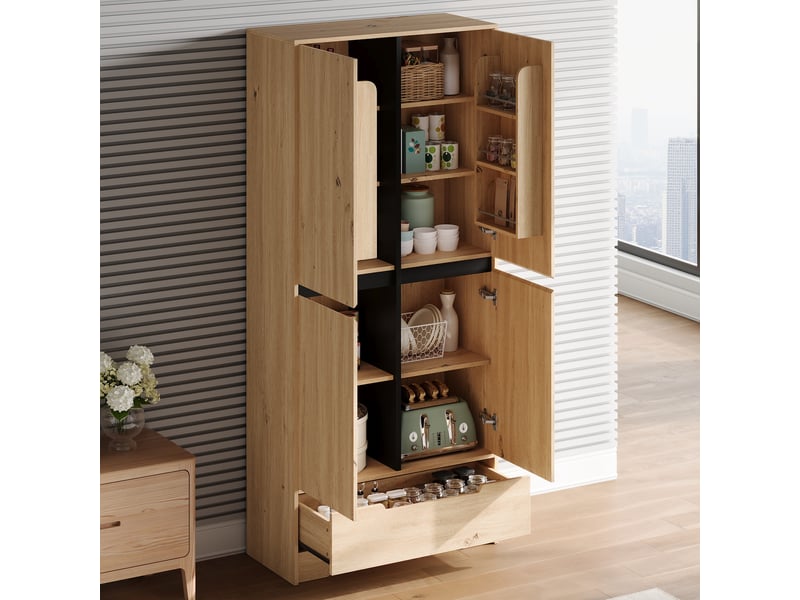 Armoire de rangement cuisine 80x35x180 cm en mdf avec tiroir, étagères réglables et rangements de porte, colonne naturelle - Conforama D