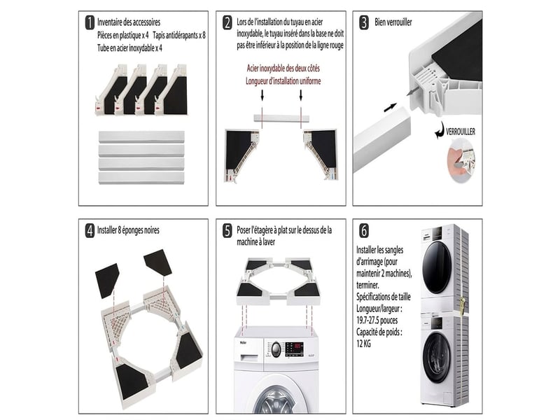 Kit de superposition universel lave-linge et sèche-linge réglable 50 à 70 cm – cadre intermédiaire acier renforcé charge lourde 500 kg avec sangle à cliquet 6m et 8 patins anti-vibrations - Conforama C