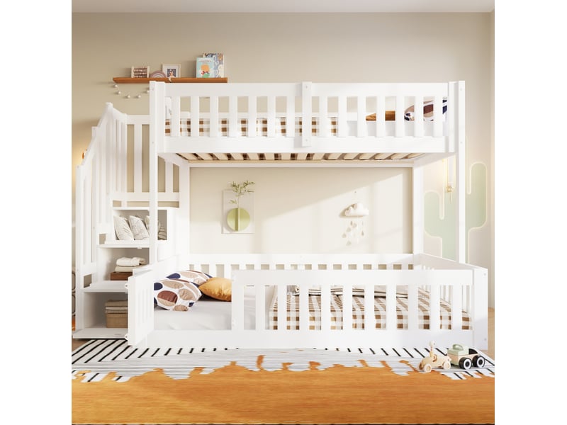 Lit superposé 90x200 et 140x200 cm avec escalier de rangement blanc - Conforama D