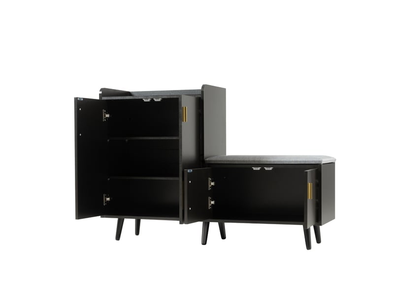  Banc à chaussures 120 cm avec 4 portes et assise rembourrée, noir et noyer foncé  - Conforama A
