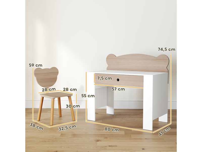Bureau enfant avec chaise ours et tiroir, pour lecture et étude. Bureau 80x41x74,5cm, chaise 32,5x38x59cm. - Conforama D