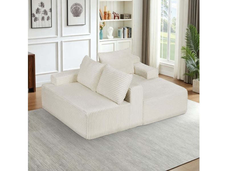  Canapé d'angle convertible 4 places en velours côtelé beige, méridienne droite, confort cloud pour le salon  - Conforama E