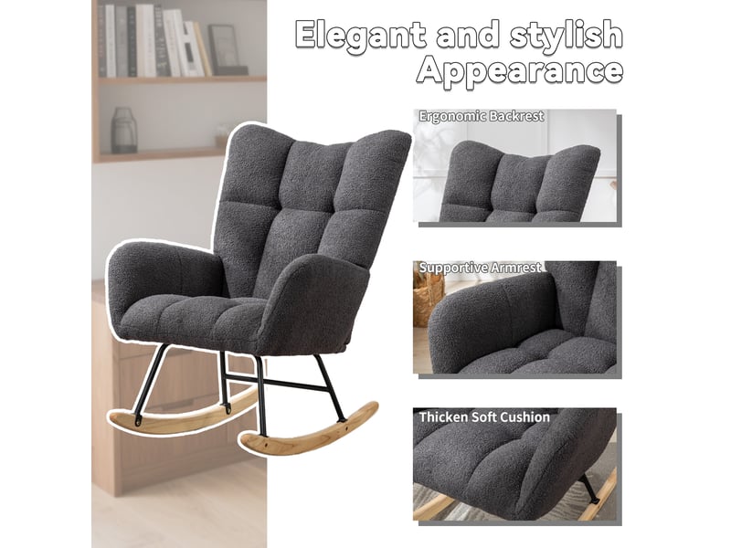  Fauteuil à bascule en tissu bouclette gris avec dossier à oreilles  - Conforama C