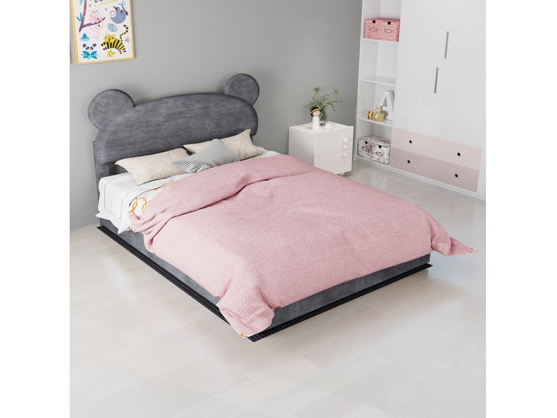  Lit coffre 140x200 cm, tête de lit rembourrée forme ludique, rangement à vérins, tissu et métal gris, sans matelas  - Conforama B