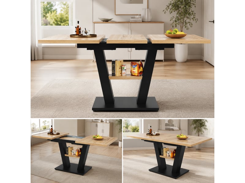  Table à manger extensible 118-157x70x75cm, table télescopique rectangulaire, 6 personnes, noir et naturel  - Conforama D