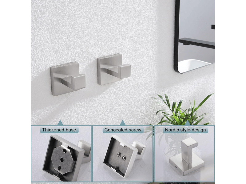  Crochet mural carré pour serviettes, salle de bain, cuisine, mural, acier inoxydable sus 304, nickel brossé  - Conforama D