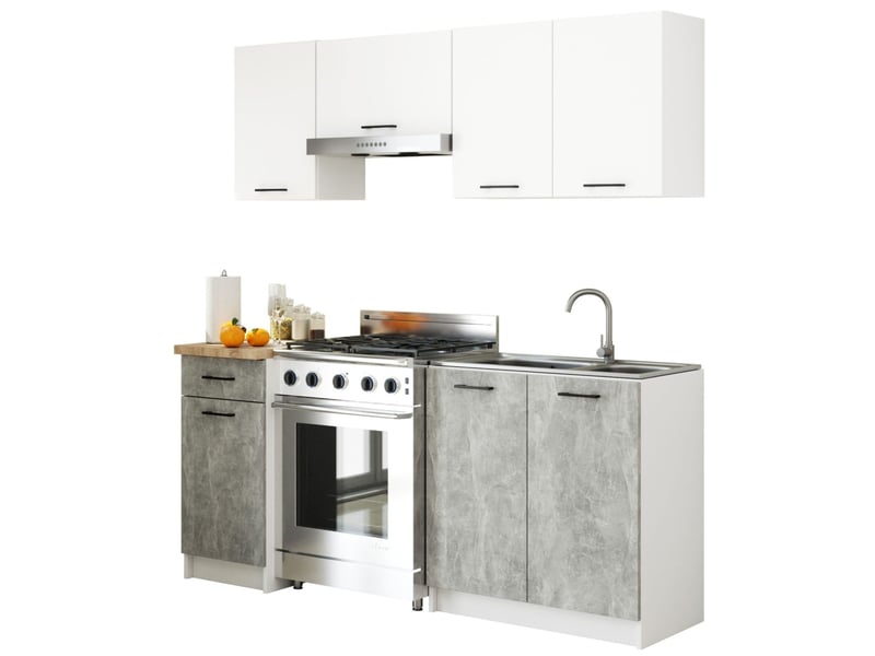  Ensemble de cuisine akord oliwia 1.8m blanc 180 cm 7 portes 1 tiroir façade béton 8 étagères 180x46x203 cm Oliwia 1.8M - Conforama A