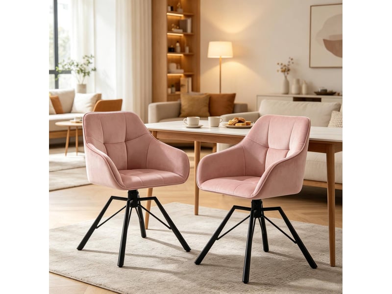  Chaise de salle à manger pivotante à 360° avec accoudoirs, lot de 2 en velours et métal rose  - Conforama B