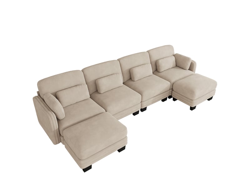  Canapé modulable tcqpz 4 places en u 330 x 143 x 88 cm chenille café clair avec 2 poufs  - Conforama A
