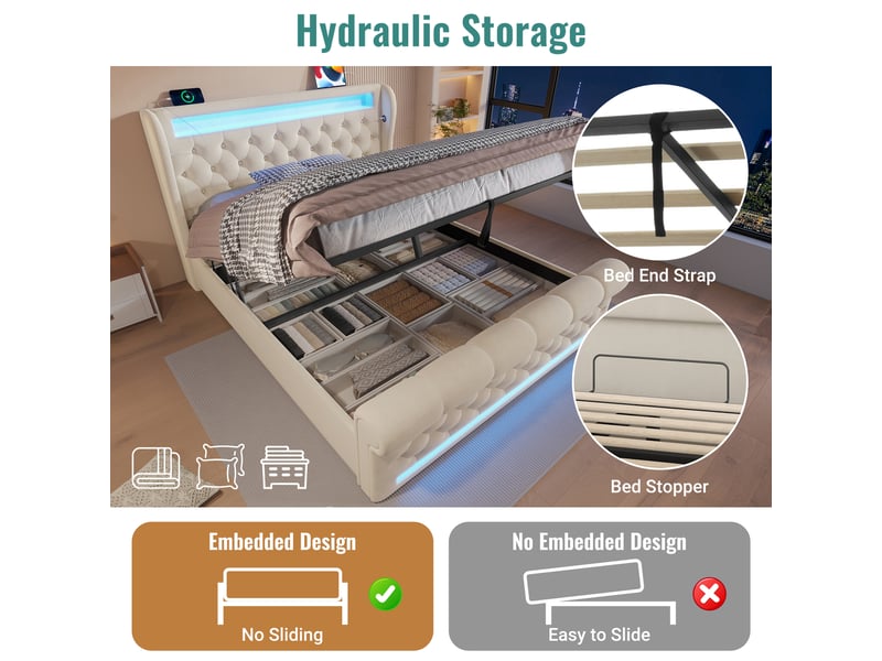  Lit double 160x200cm en tissu beige, tête de lit avec leds, ports usbc et rangement hydraulique, sans matelas  - Conforama E