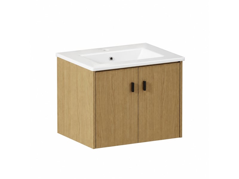  Meuble vasque 60 cm effet chêne clair en mdf avec vasque en céramique et 2 portes  - Conforama A