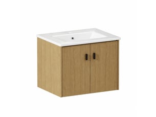 Meuble vasque 60 cm effet chêne clair en mdf avec vasque en céramique et 2 portes