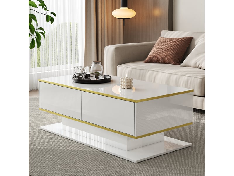  Table basse led blanche et dorée 100 x 50 x 40 cm, 3 tiroirs et rangement ouvert  - Conforama E