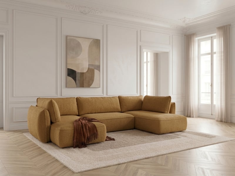Bobochic canapé d'angle panoramique convertible esmee tissu chenille jaune angle gauche ESMEE - Conforama B