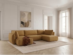 Canapé d'angle gauche convertible <strong>BOBOCHIC</strong> <strong>ESMEE</strong> 5 places Tissu jaune avec coffre de rangement