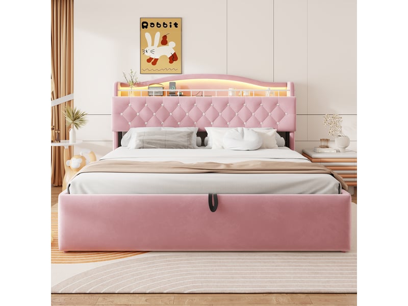  Lit capitonné 180*200 cm rose, coffre hydraulique, led, usb-c, tête avec rangements et cadre métal stable  - Conforama C