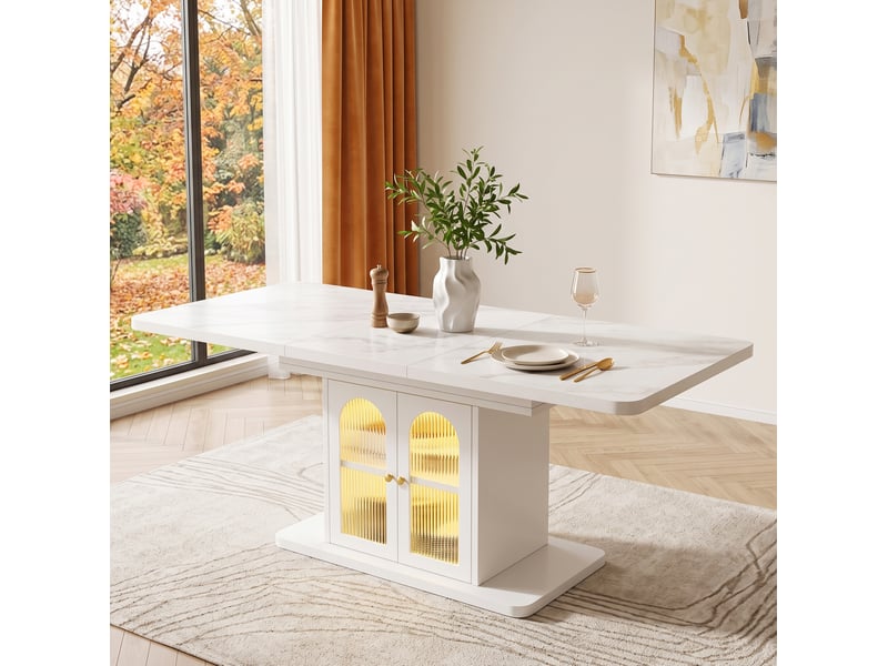  Table à manger extensible 200x76x80 cm, avec rangement et led, panneau de fibres blanc effet marbre, 6 à 8 personnes  - Conforama E