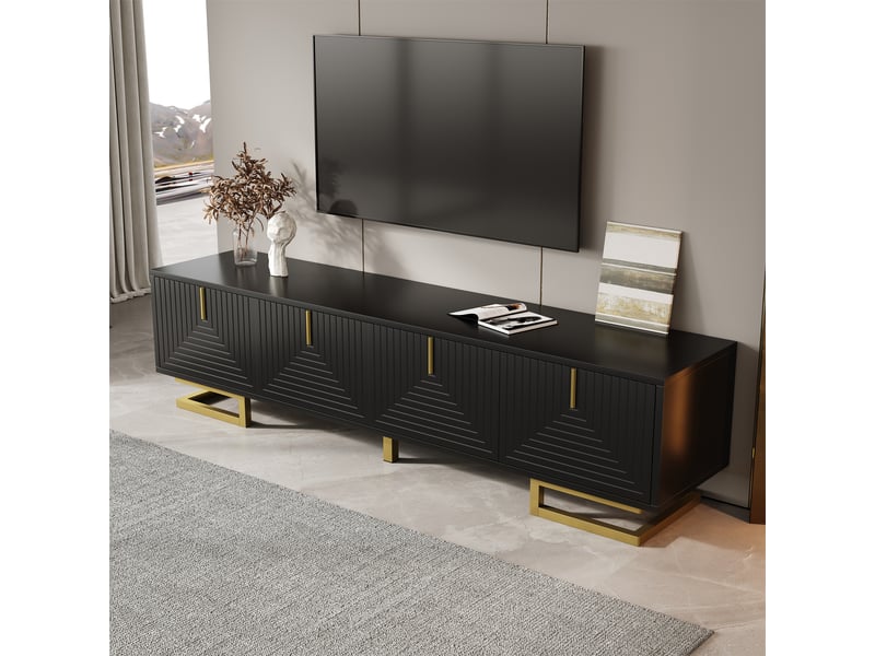  Meuble tv noir 160 cm portes texturées avec pieds dorés  - Conforama B