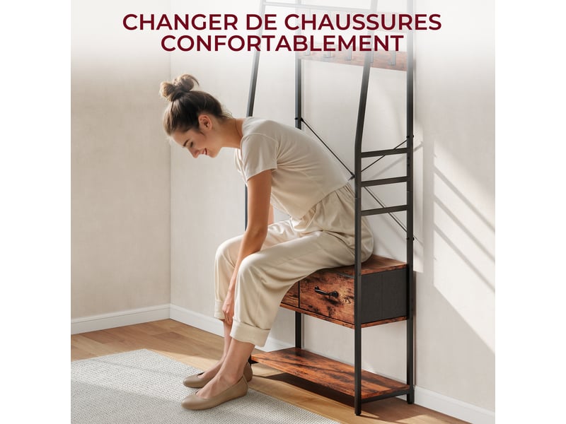 Meuble d'entrée 6 en 1 portemanteau tringle à vêtements étagère 10 crochet 2 tiroirs 80 x 30 x 180 cm brun rustique  - Conforama R