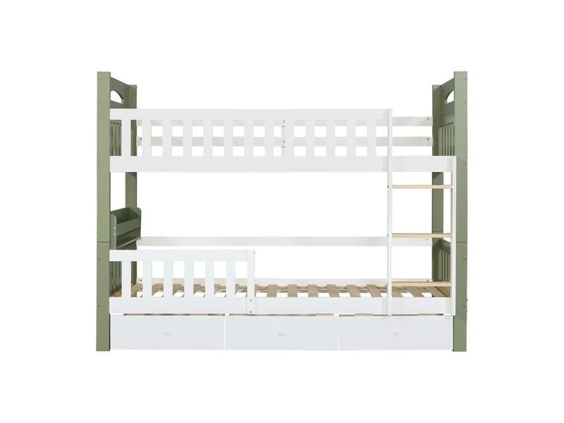  Lit mezzanine,90x200 cm,avec échelle,barrière,étagère,tiroirs,bois,blanc et vert  - Conforama A