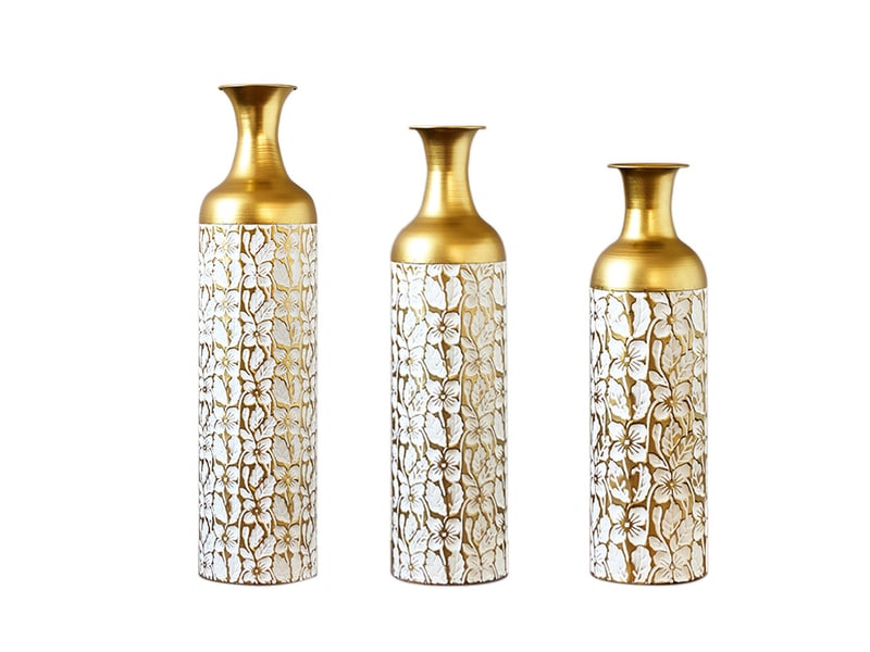 Lot de 3 vases de sol h 50,01, 65,99 et 84,99 cm or et blanc en métal, décor floral pour intérieur et jardin  - Conforama A