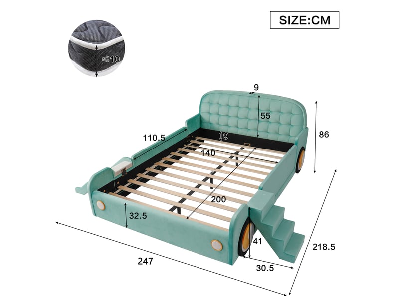  Lit enfant voiture, 140x200 cm, escalier réversibles, avec toboggan, matelas non inclus, bois, coloris bleu et vert  - Conforama C