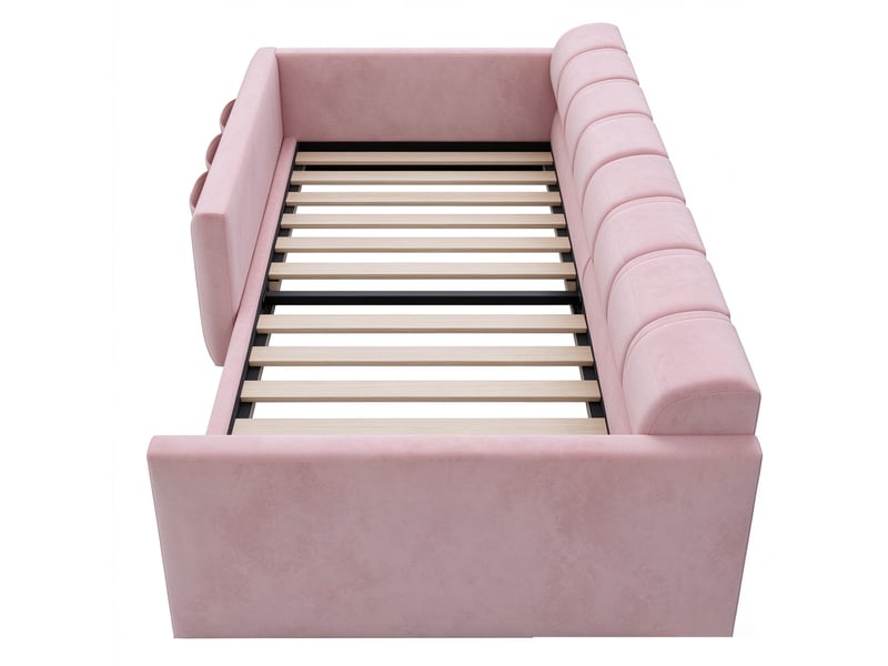  Lit banquette 90x200 cm, banquette-lit avec rangement, rangements intégrés, tête de lit rembourrée, support à lattes stable, tissu rembourré rose CozyNest - Conforama E