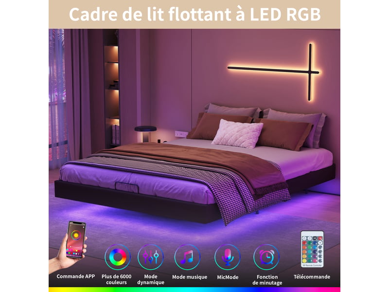  Lit flottant 160x200 cm avec led,lit double rembourré 160x200 cm ,lit de rangement,sommier à lattes,cadre de lit,pu,noir  - Conforama R