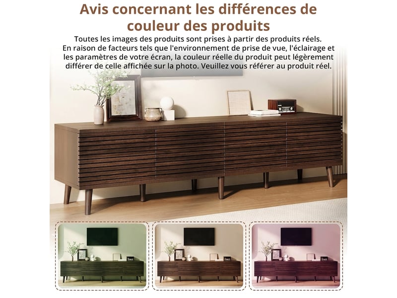  Meuble tv 180 cm pour tv 75 pouces - 4 portes à lattes couleur noyer avec passe-câbles  - Conforama E