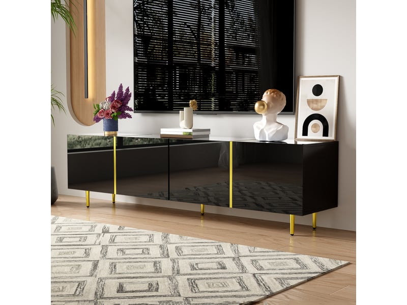  Meuble tv noir brillant et doré, 4 portes, 170 cm  - Conforama C