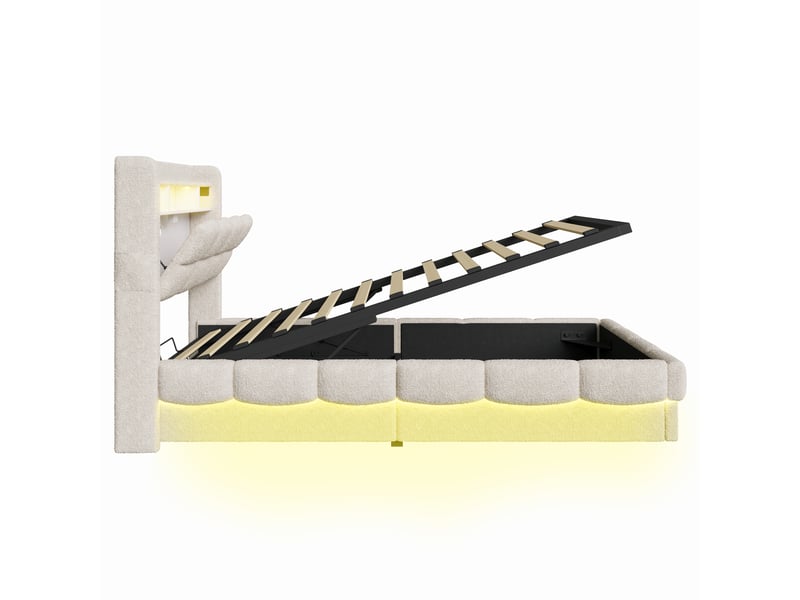  Lit simple coffre à gaz 90 x 200 cm en tissu bouclette beige - tête de lit avec étagère et éclairage led  - Conforama A