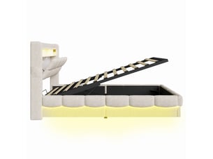 Lit simple coffre à gaz 90 x 200 cm en tissu bouclette beige - tête de lit avec étagère et éclairage led