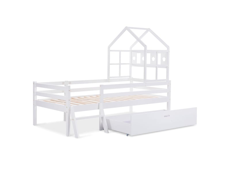  Lit enfant - 90x200cm - forme cabane bois massif - lit compartimenté - tiroir, échelle, barrière, sommier inclus, blanc  - Conforama A