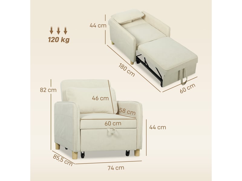 Fauteuil convertible 1 place, fauteuil-lit clic-clac 3 en 1 rembourré en velours grain maïs, dossier réglable, beige  - Conforama C