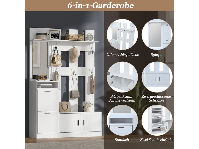  Meuble d’entrée blanc 120 × 30 × 180 cm en panneau de fibres, miroir intégré, confort quotidien, style moderne  - Conforama E