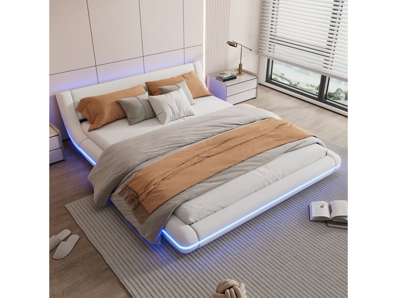  Lit 2 places 160x200 cm à poser au sol avec led réglables blanc  - Conforama E