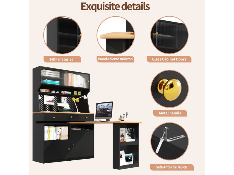  Armoire haute avec bureau led - lpospi - contrôle par application, mdf, verre noir 137 × 74 × 177,7 cm  - Conforama E