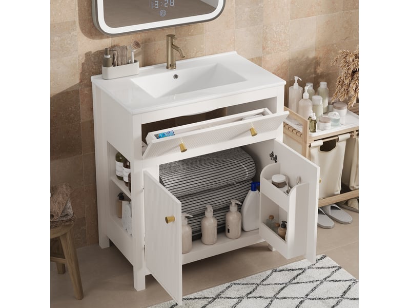 Meuble sous vasque avec 1 porte, 1 tiroir et vasque en céramique, fermeture douce, blanc, 81 × 46,5 × 86,5 cm - Conforama D