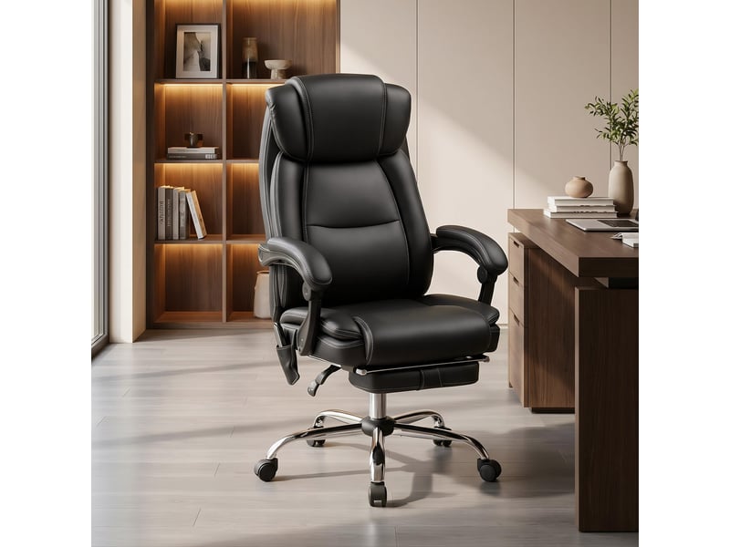  Fauteuil de bureau inclinable en similicuir noir, massant et chauffant, avec télécommande et repose-pieds.  - Conforama C