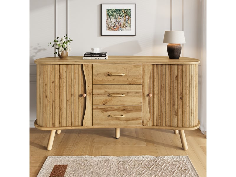 Buffet scandinave 2 portes coulissantes 3 tiroirs décor bois pieds massifs  - Conforama B