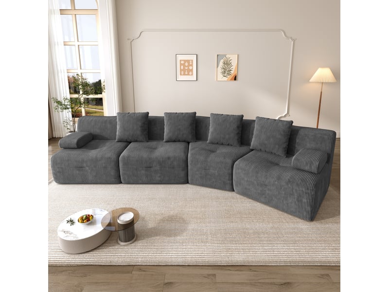  Canapé modulaire compressé 4 places à modules libres sans montage en velours côtelé gris foncé, 311 × 90 × 65 cm  - Conforama D